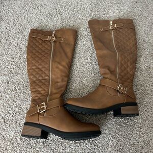 Brown Quilted Knee-High Boots